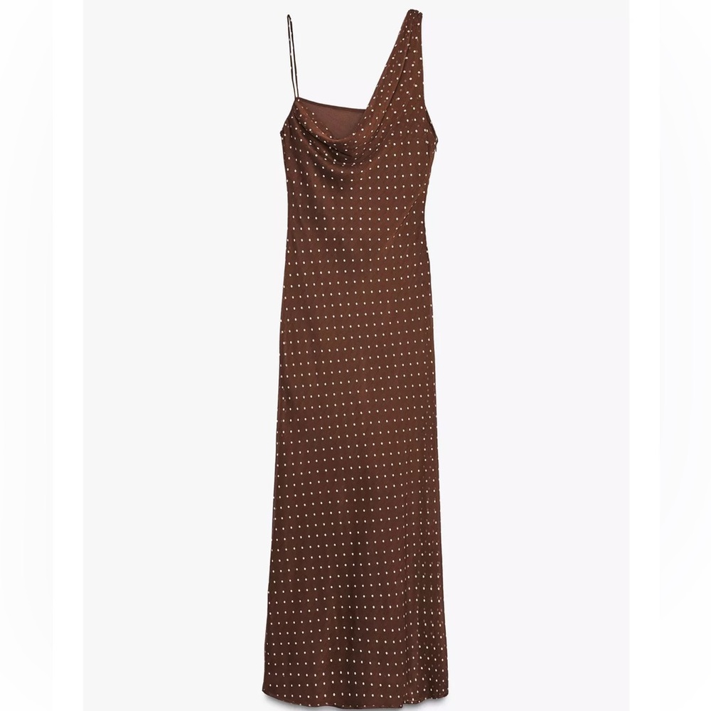 Zara NWT brown polka dot asymmetrical cowl draped detail midi maxi dress - Picture 3 of 9